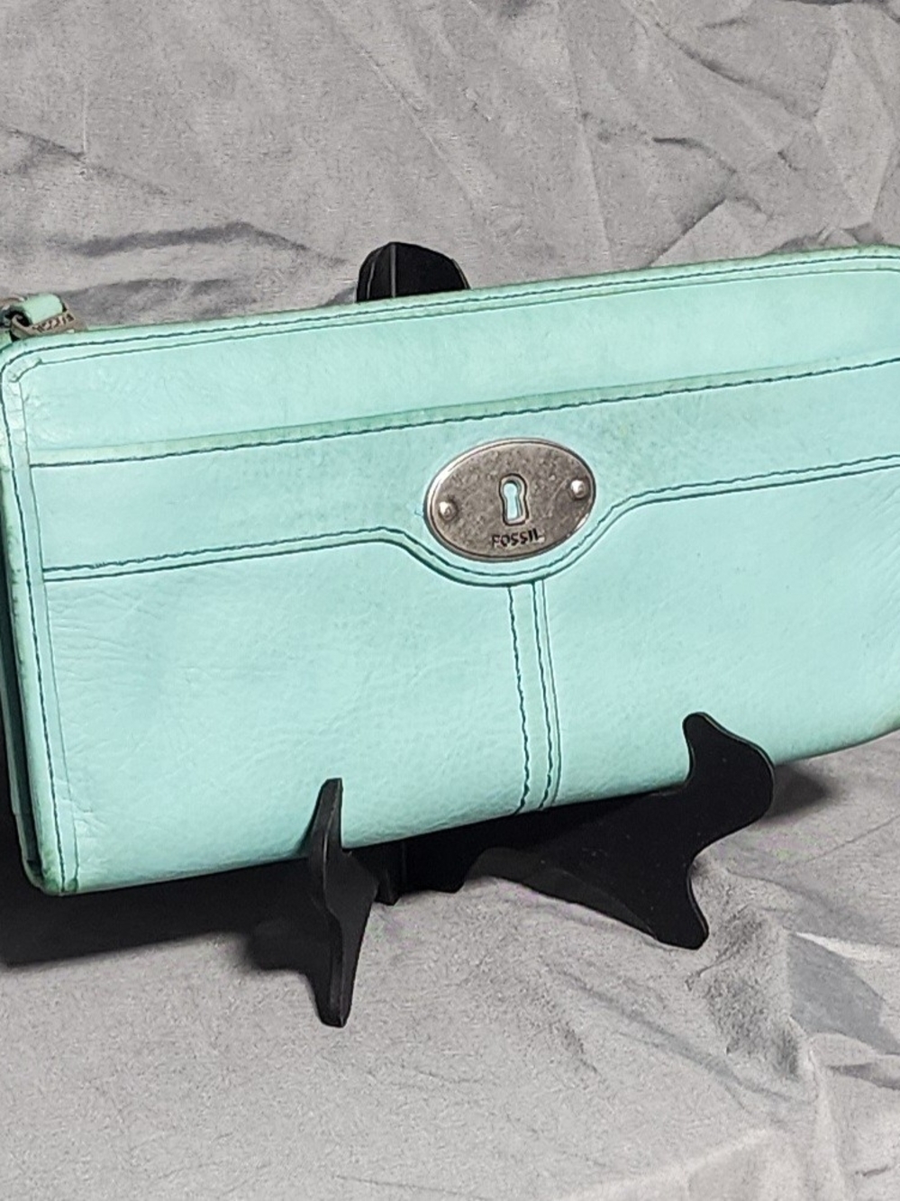 Fossil Light Blue Teal Leather Zip Around Wallet